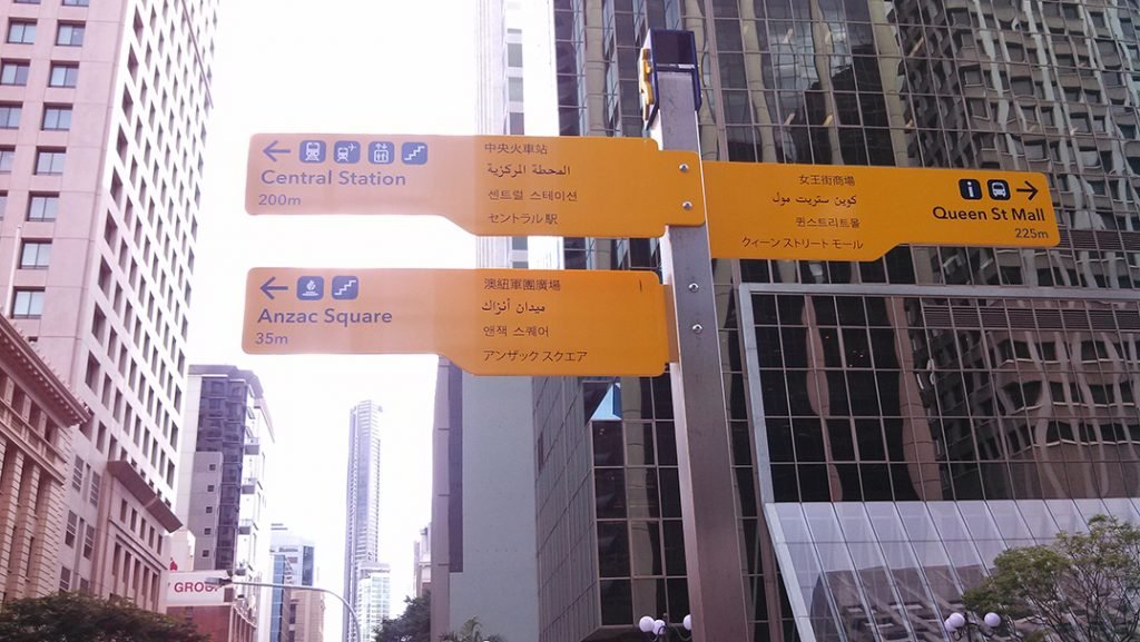 photograph of signage in Brisbane City with foreign language Chinese, Arabic, Korean, and Japanese scripts