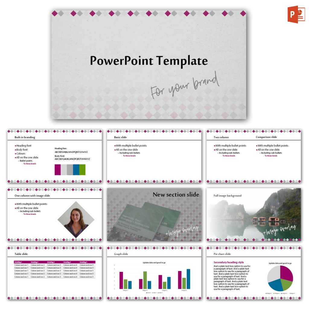 powerpoint template presentation slides for your company customised using master slides single column basic slide, two column slide, image with text, bullet points, numbered list, fonts, built in, graph, table, pie chart, sub heading page, image overlay, easy to use, install guide for instructions on installation,