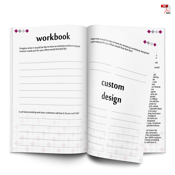 workbook design 100% custom based on your brand following company fonts and colours no template used unlimited activity pages based on your needs professional print and screen ready PDF with fillable fields best used for workshop lead magnet email list building teaching and selling course online teach learn teacher student handout booklet seminar meeting course masterclass designer typesetting professional Kassandra Marsh Lakazdi Brisbane Australia worldwide service remote digital